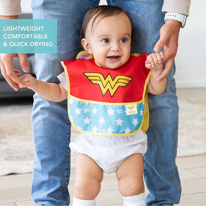 Bumkins Bib for Girl or Boy, Baby and Toddler for 6-24 Months, Essential Must Have for Eating, Feeding, Baby Led Weaning, Mess Saving Waterproof Soft Fabric, SuperBib with Cape, Wonder Woman DC Comics
