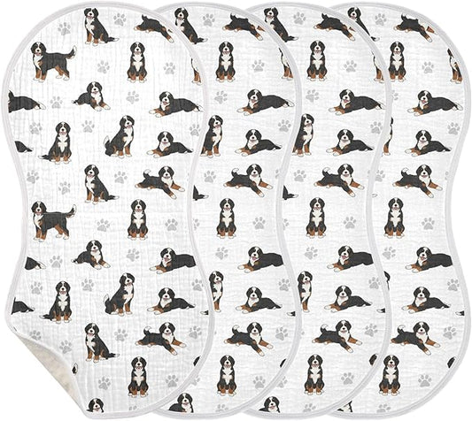 4 Pack Muslin Burp Cloths Bernedoodle Dogs White Cotton Baby Burp Cloths Ultra Absorbent and Soft Burping Cloth for Newborn Must Haves 22x11 Inch