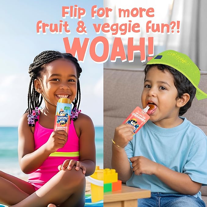 Get'ems from Gerber, Squeezies, Peach Apple Twist Kids Smoothie Pouch, Fruit and Veggie Pouches, Ice Pops, Freezie Fruit Pops, Snacks for Kids, 8-Pack