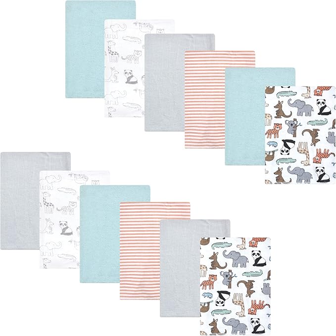 Hudson Baby Unisex Baby Cotton Flannel Burp Cloths Bundle, Zoo Animals, One Size