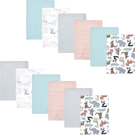 Hudson Baby Unisex Baby Cotton Flannel Burp Cloths Bundle, Zoo Animals, One Size