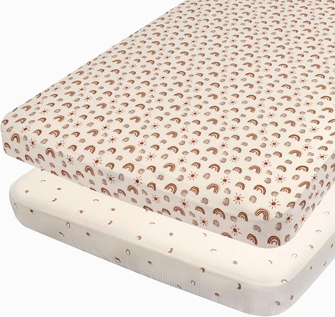 Muslin Cotton Crib Sheets for Boys and Girls, 2 Pack 52"x28" Fitted Baby Crib Sheet for Girl Boy, Soft Baby and Toddler Bed Sheets, Mattress Cover Muslin Cribs Sheet Set Nursery Gift Neutral Rainbow
