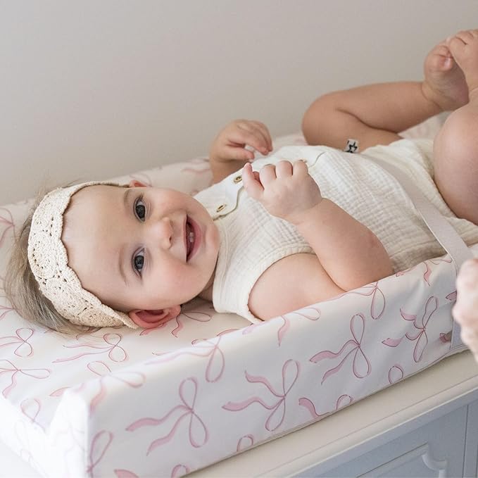 Tiny Twinkle Diaper Changing Pad for Dresser & Nursery Table – Waterproof, Wipeable & Mess-Proof Baby Changing Pad with Safety Strap, Non-Slip Base & Removable Washable Cover(Bows)