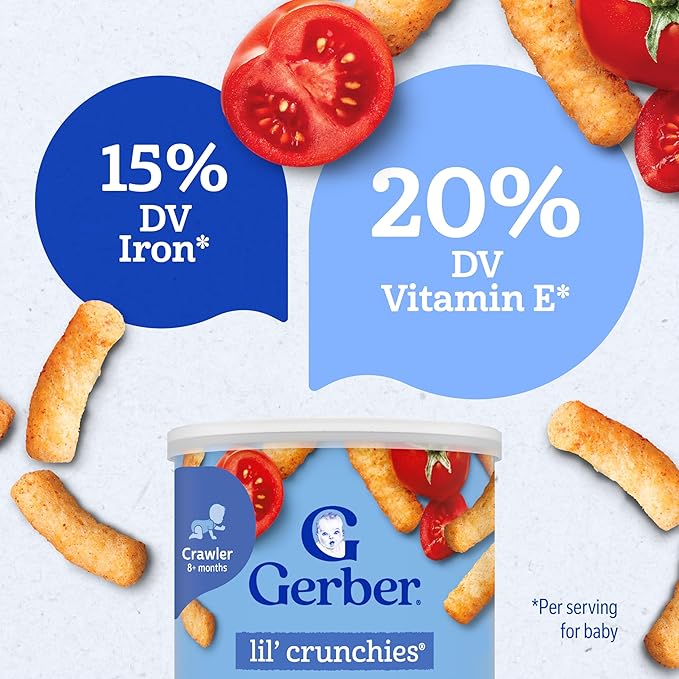 Gerber Stage 3 Baby Food Snacks, Garden Tomato Lil' Crunchies, Snacks for Babies, Baby Led Feeding, 6-Pack