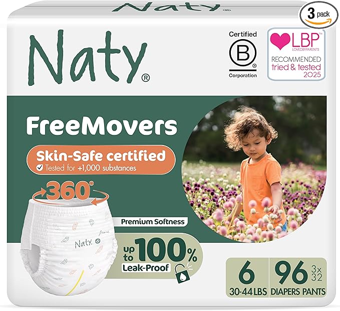 Naty FreeMovers Pull Up Training Pants for Sensitive Skin | Hypoallergenic Potty Training Underwear | Absorbent & Leak-Proof for Toddler | Soft, Unscented | Size 6, 4T–5T (30–44 lbs), 96 Count