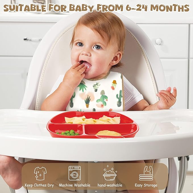 6Pcs Baby Bibs for Eating Toddler Feeding Bibs with Crumb Catcher Pocket Fruit Adjustable Sleeveless Teething Plastic Food Bib Set Waterproof Infant Keepsake Gift for Baby Shower, 6-24 Months