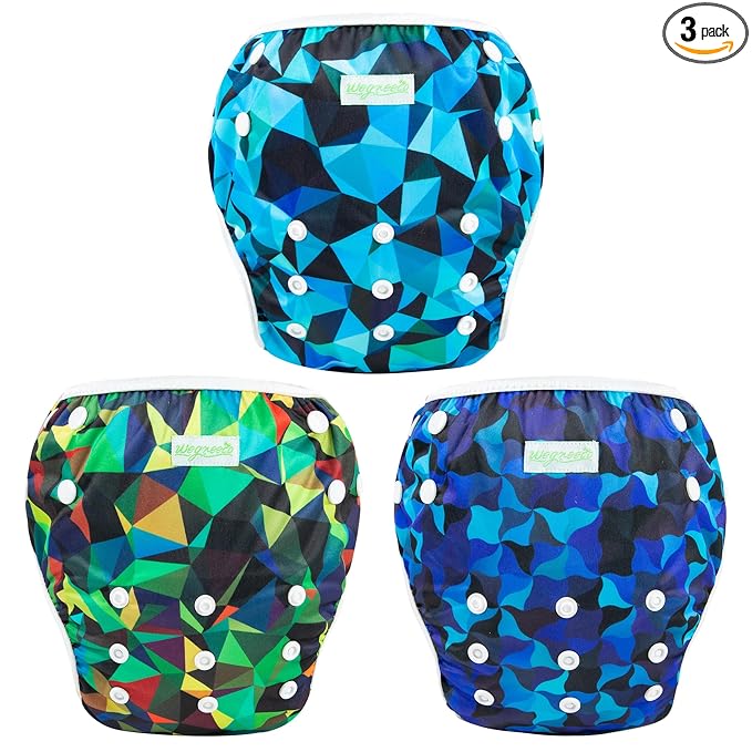 wegreeco Baby & Toddler Snap One Size Adjustable Reusable Baby Swim Diaper (Abstract Geometrical Blue, Large, 3 Pack)