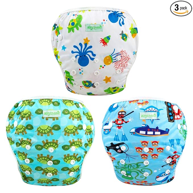 wegreeco Reusable Swim Diapers,Baby & Toddler Snap One Size Adjustable Reusable Baby Swim Diaper (Diving,Ocean,Turtle,Small,3 Pack)