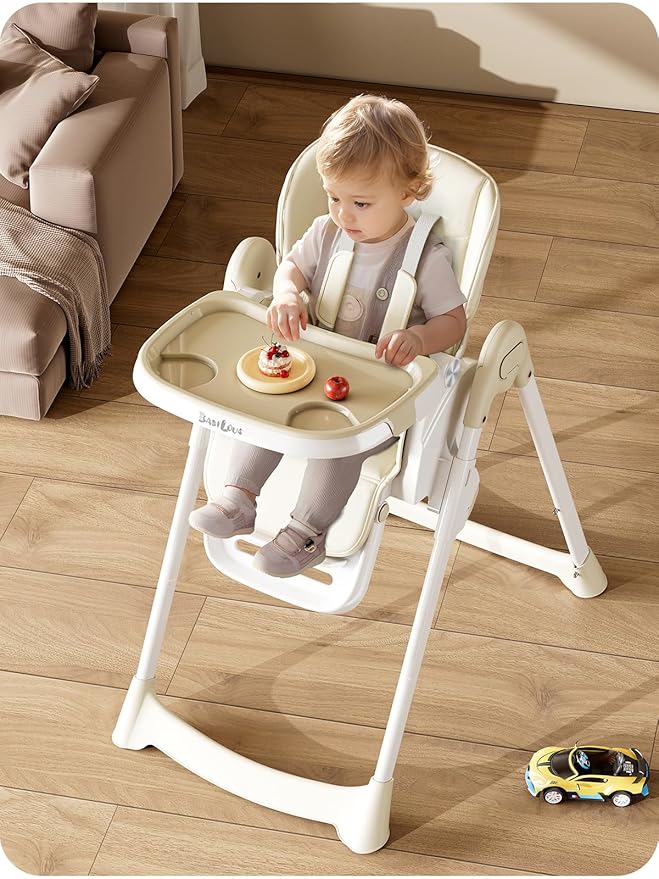Babilous High Chair, Foldable High Chairs for Babies and Toddlers with Removable Tray, Height Adjustable Feeding Chair, Adjustable Backrest and Footrest, Beige
