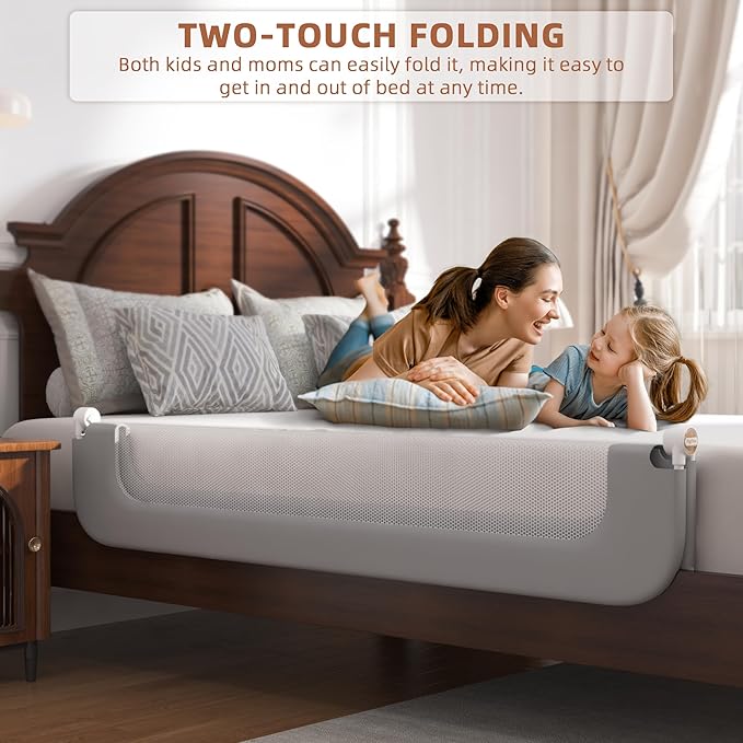 FigTime Bed Rail for Toddlers, Baby Bed Rail Guard for Kids, Toddler Bed Rails with Reinforced Anchor Fit, Height Adjustable & Foldable Bed Rail Guard for Twin, Full, Queen & King Beds (Grey, 59IN)