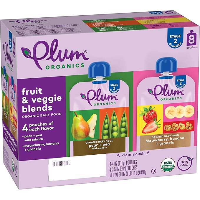 Stage 2 Organic Baby Food - Fruit and Veggie Variety Pack - 3.5 oz and 4 oz Pouch (Pack of 8)