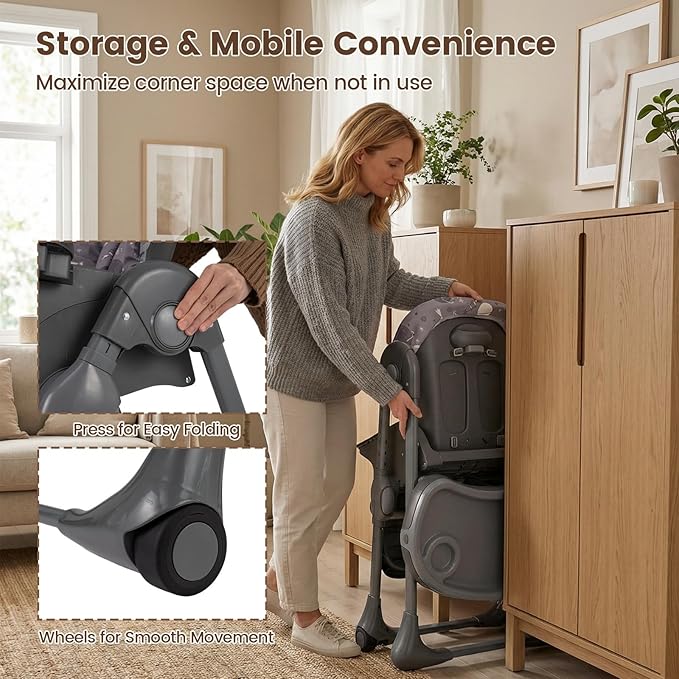 BABY JOY Foldable High Chair, Portable Highchairs for Babied and Toddlers with Adjustable Height, Backrest & Footrest, Double Removable Tray, Built-in Wheels, Baby Feeding Chair for 6-36 Months