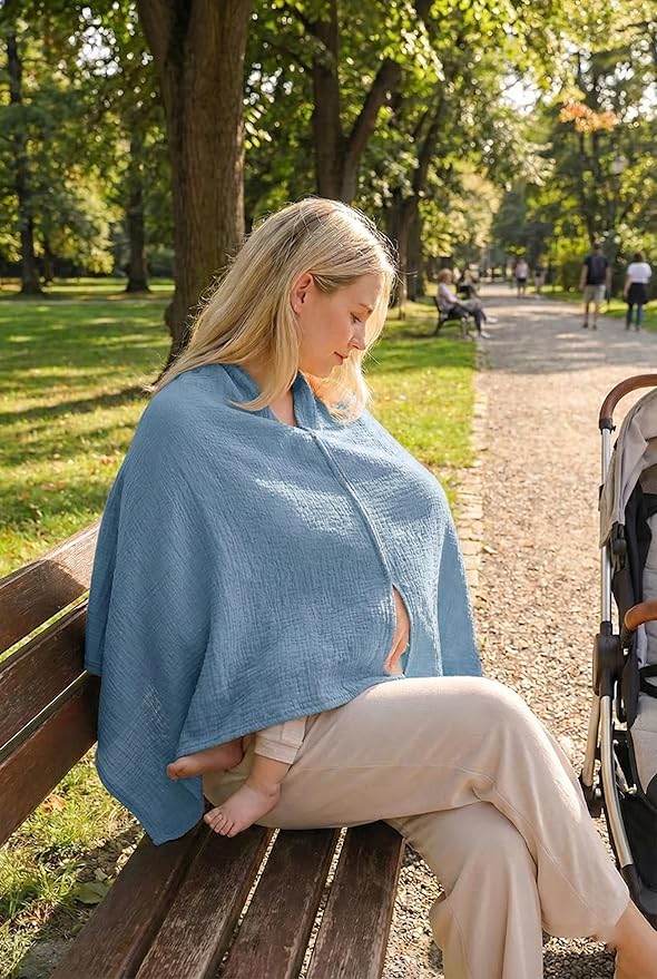 TADO MUSLIN 2-Pack Muslin Nursing Cover for Baby Breastfeeding, 100% Organic Cotton Breastfeeding Cover for Mom, Soft Breathable Privacy Nursing Apron, Multi-use Stroller Cover & Car Seat Canopy Blue