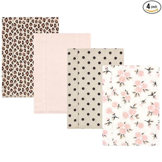 Hudson Baby Unisex Baby Cotton Flannel Burp Cloths, Neutral Pink Floral 4 Pack, One Size