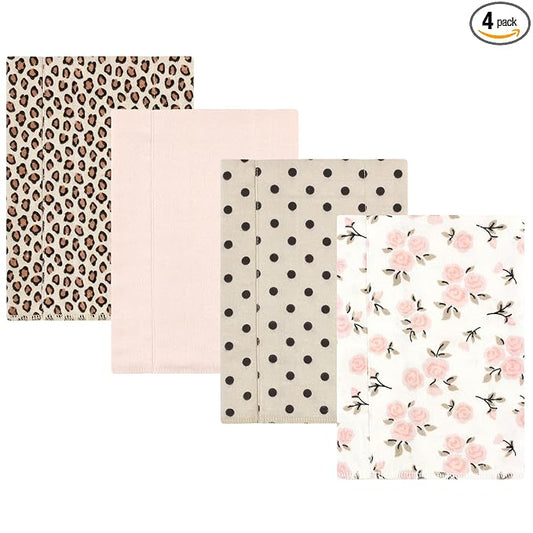 Hudson Baby Unisex Baby Cotton Flannel Burp Cloths, Neutral Pink Floral 4 Pack, One Size