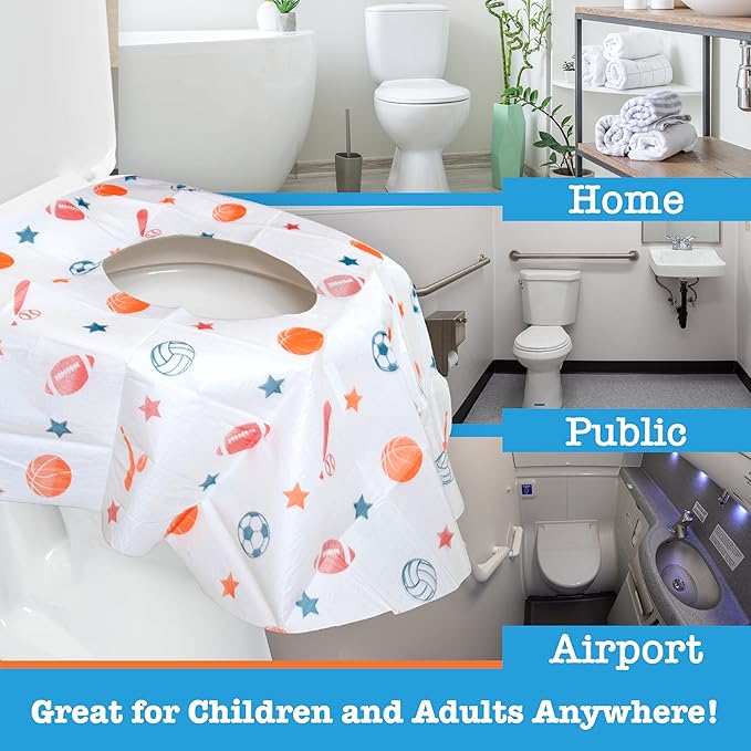 Potty Shields Toilet Seat Covers Disposable (12 Pack, Sports) - XL Waterproof Toilet Cover for Toddlers, Kids & Adults - Portable & Individually Wrapped for Travel, Potty Training & Public Restrooms