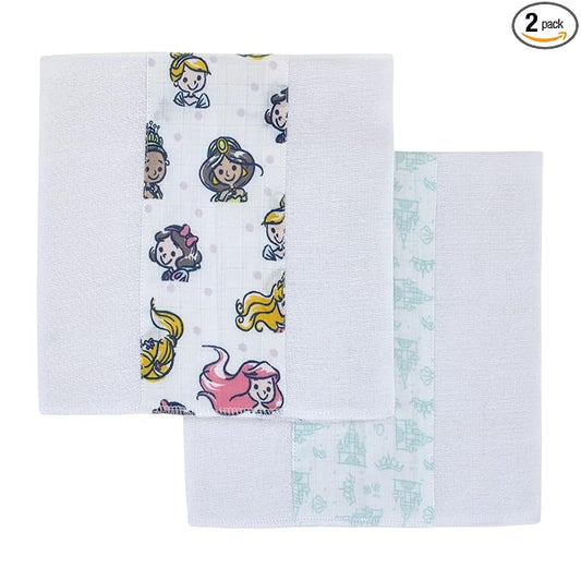 Disney Princess White, Pink, Yellow, and Aqua 2Pk 100% Cotton Muslin Burp Cloths