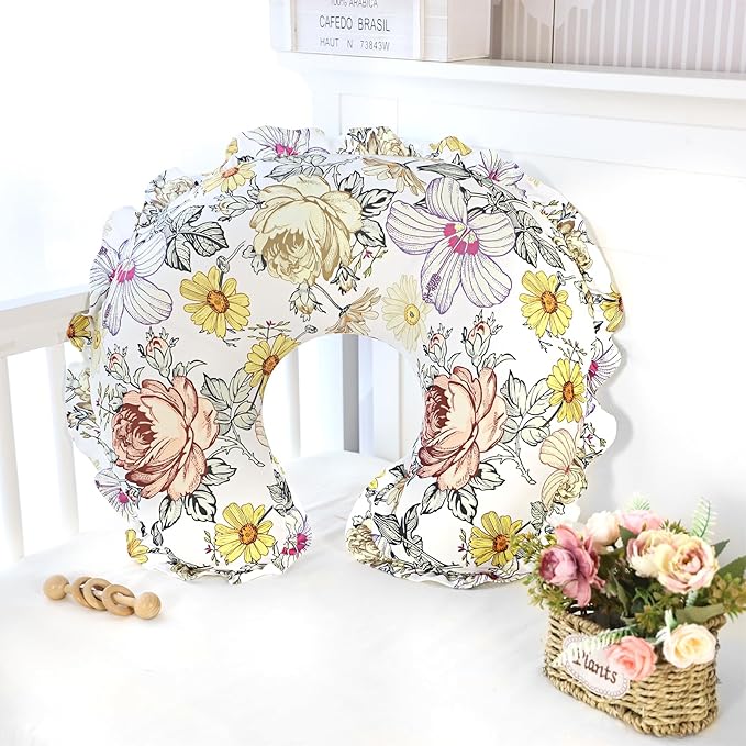 Ruffle Nursing Pillow Cover, Removable Stetchy Case for Breastfeeding Pillows, Ultra Soft and Breathable Feeding Pillow Slipcover with Modern Design Lace for Infant Girls Boys, Vintage Floral