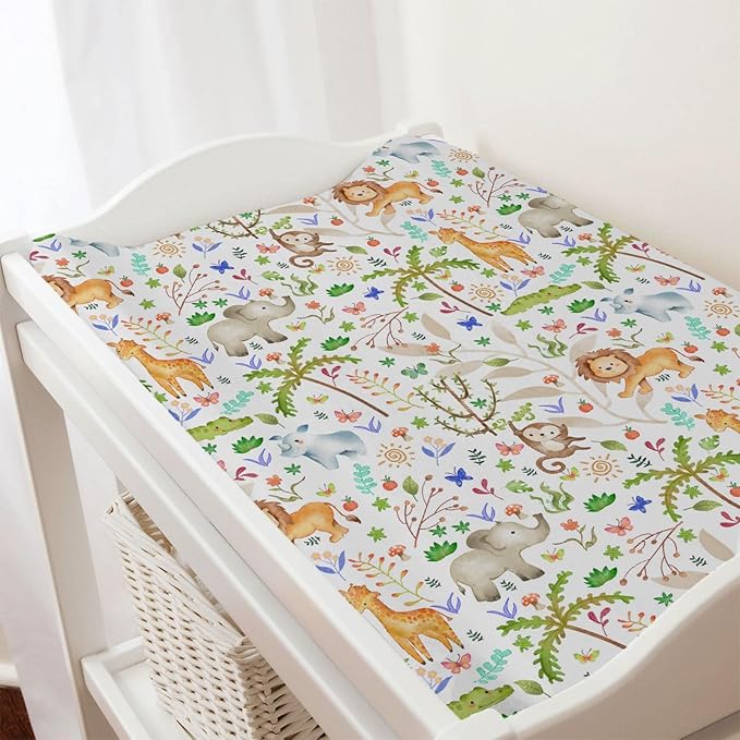 Safari Jungle Animals Trees Changing Pad Covers Lions Elephant Giraffe Monkey Hippo Sun Leaves Baby Diaper Change Table Sheets for Boy Girl Soft Breathable Stretch Fitted Changing Table Mats 32''x16''