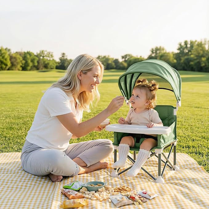 Portable Baby Booster Seat with Removable Tray & Canopy - 3 Point Safety Harness, Compact Fold for Travel, Indoor Outdoor Use for Infants & Toddlers, Green