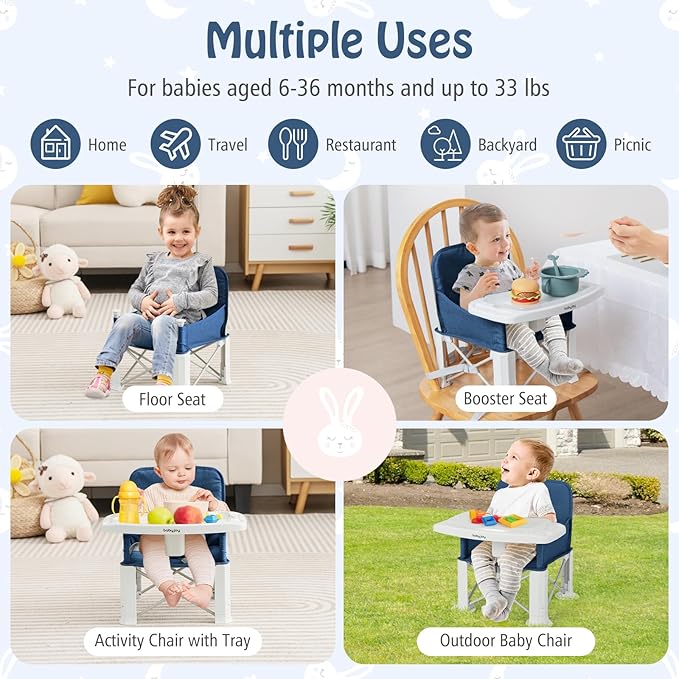 BABY JOY Travel Booster Seat with Double Tray, Folding Portable High Chair Booster Seat for Dining Table, Indoor/Outdoor Use, Camping, Beach, Lawn, Compact Baby Seat with Straps & Carrying Bag (Blue)