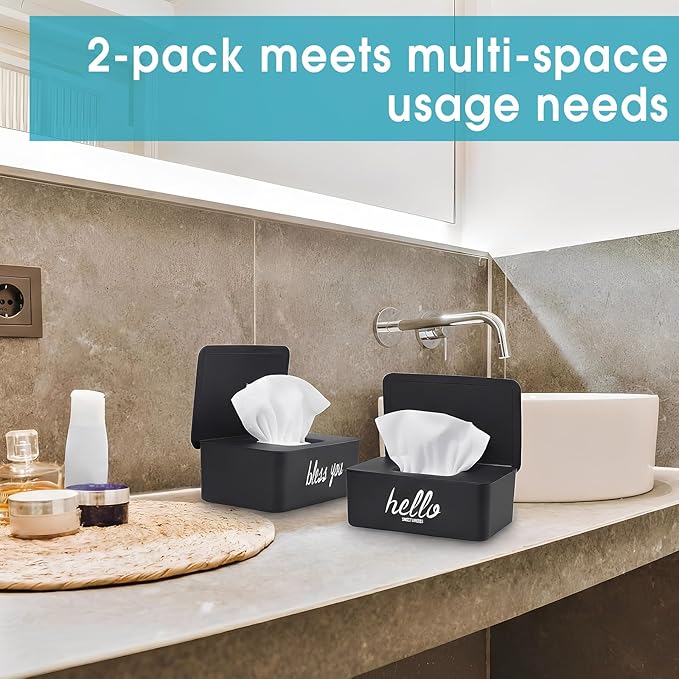 Hushee 2 Pack Wipe Dispenser Wipes Holder for Baby Adult Decorative Wipe Containers for Bathroom Home Office Cars (Black)