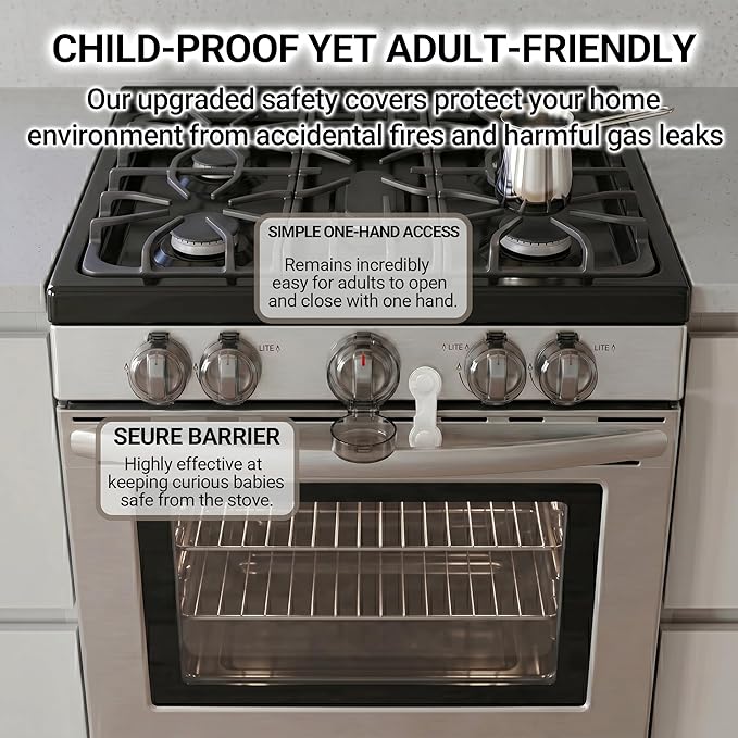 Stove Knob Safety Covers, V0-Grade Flame Retardant & Heat-Resistant, Universal Gas Knob Locks for Kitchen Stove & Oven, Oven Door Lock for Child Safety, Black (5 Covers + 1 Lock)
