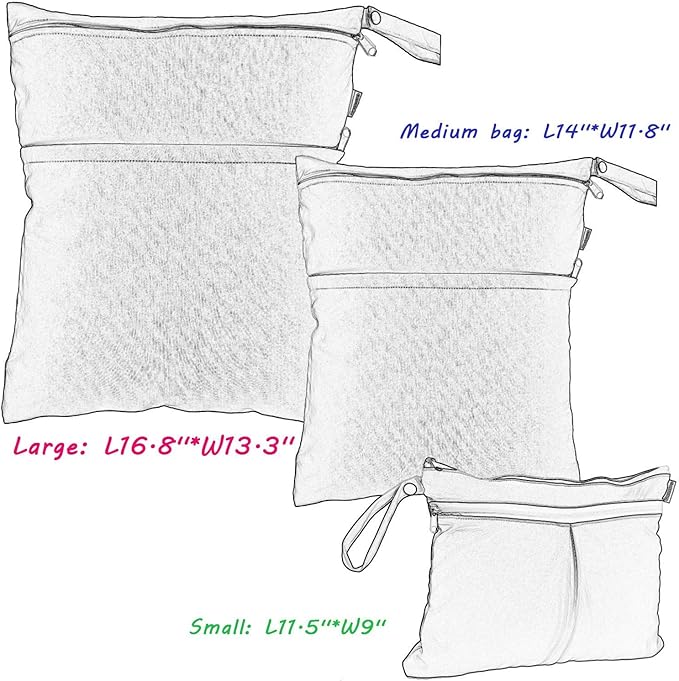 Damero 3pcs Travel Wet and Dry Bag with Handle for Cloth Diaper, Pumping Parts, Clothes, Swimsuit and More, Easy to Grab and Go, Black Arrows