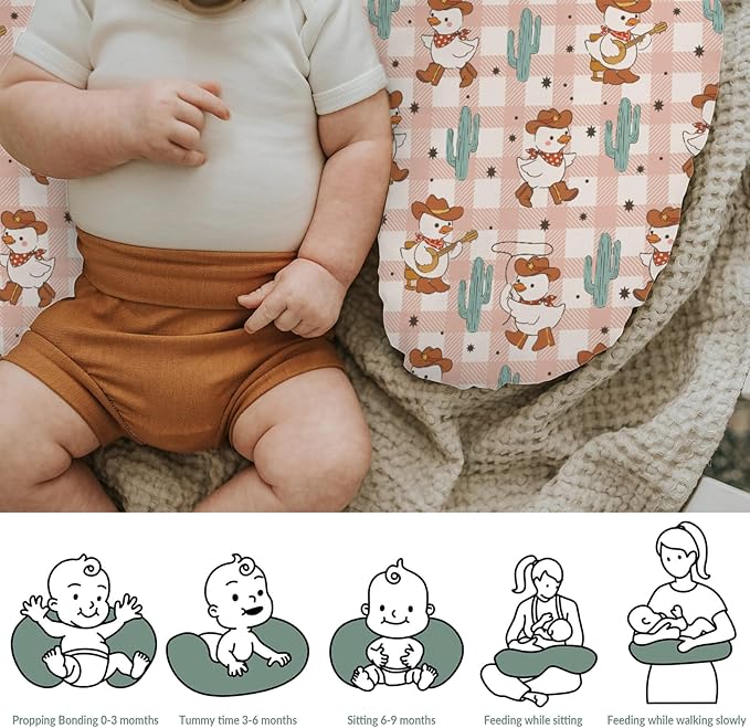 Geese Cowboy Baby Nursing Pillow Covers for Boy Girl Cute Western Duck Cactus Pink Checkered Nursing Pillowcase for Breastfeeding Pillows Wild West Animal Soft Stretchy Slipcovers for Newborn Infant