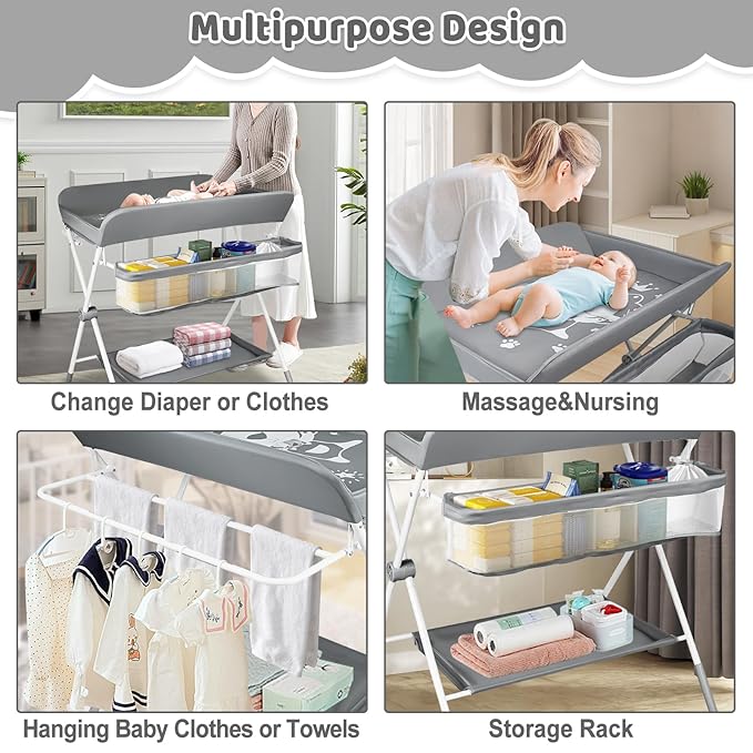 Baby Changing Table, Portable Folding Diaper Changing Station with Wheels, Adjustable Height Nursery Organizer with Safety Belt & Storage Basket & Hanging Rack for Newborn Baby and Infant (Gray)