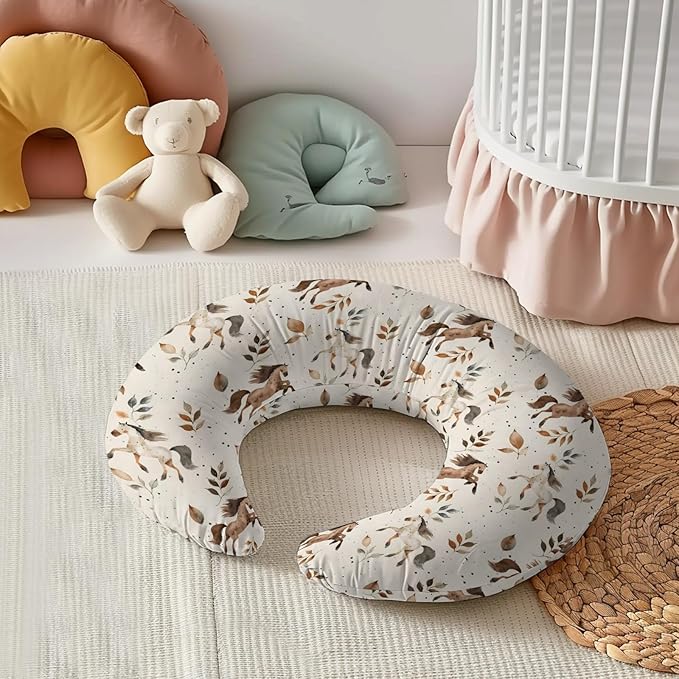 Watercolor Western Farm Animals Horse Leaves Pattern Nursing Pillow Cover, Unisex Removable Breastfeeding Pillowcase Slipcover for Baby Girls Boys Newborns Toddlers, Cover Only