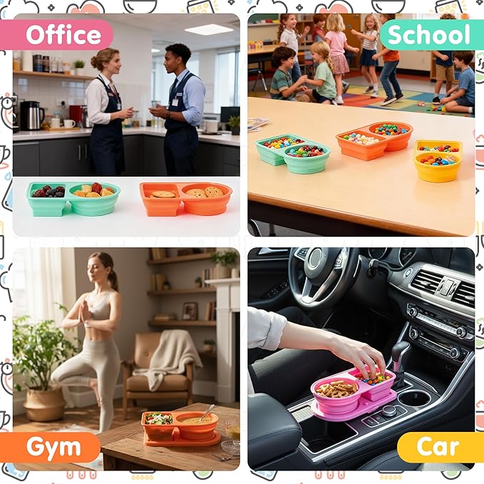 Silicone Reusable Snack Containers - 4PCS Double Compartment Snackle Box with Lids for Kids & Adults, Portable Leakproof Food Storage Boxes for Salad Dressing, Sauces, Picnic, Travel