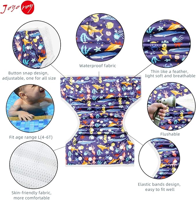 Joyo roy Reusable Swim Diapers 2pcs Snap One Size Swim Diapers Size 5 For Toddlers Baby Swimming Diaper Size 6 Easy-Wash Pool & Beach Baby Essentials Baby Girls' Waterproof Diaper For Swimming Lessons