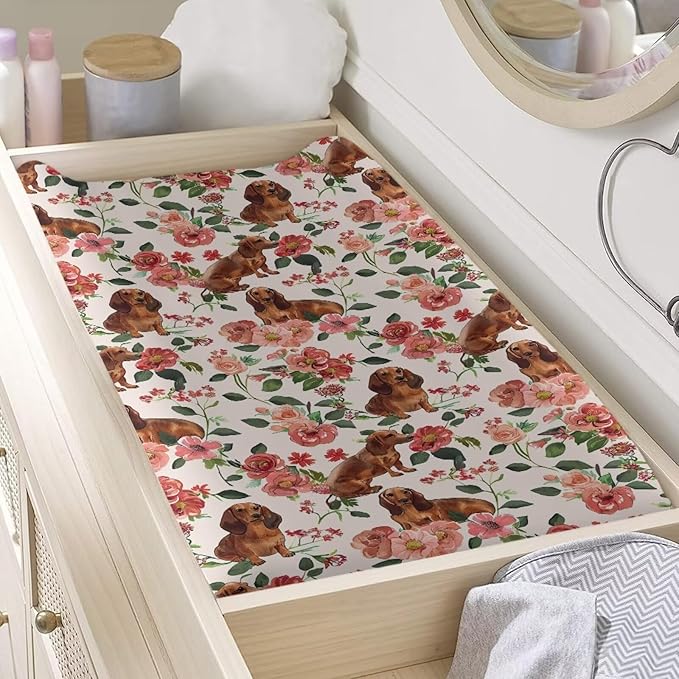 Dog Diaper Changing Table Pad Cover Soft Change Pad Cover for Baby Newborn Dachshund Rose Floral Baby Nursery Changing Mat Sheet Protector, One Size