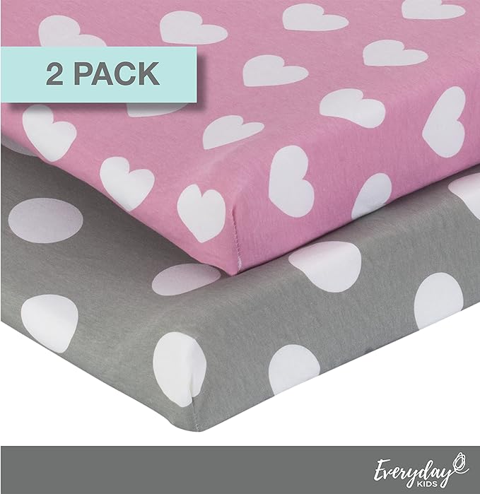 EVERYDAY KIDS 2 Pack Baby Changing Pad Covers for Baby Girl – Fits Most Changing Table Pads; 100% Cotton Jersey Knit, Breathable, Soft Changing Table Topper – Gray, White Dots and Pink. White Hearts