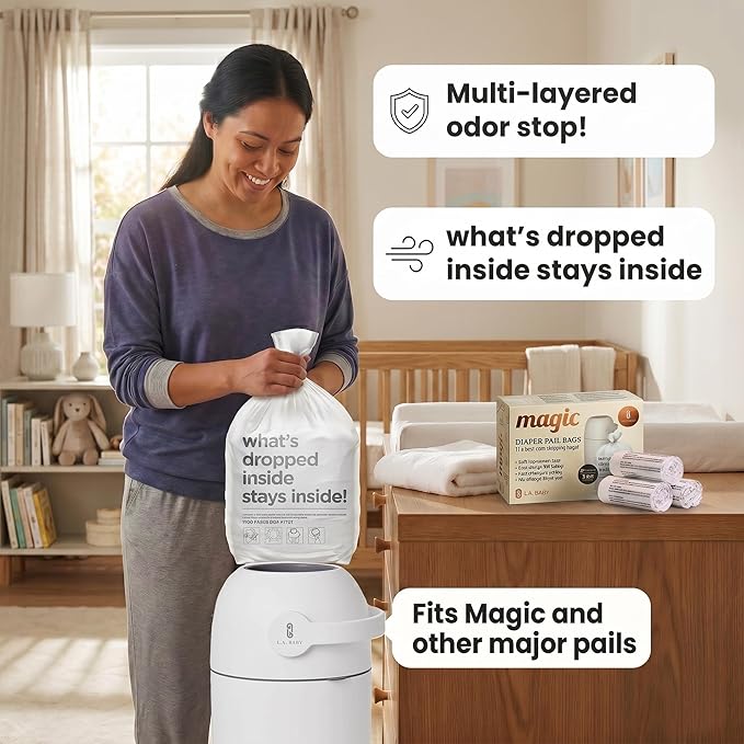 L.A. Baby Magic Diaper Bags - Diaper Pail Refill Bags 45 Count - Multi-Layer 100% Odor-Free Disposable Diaper Bag - Holds 1125 Diapers - Extra Strong No Leak