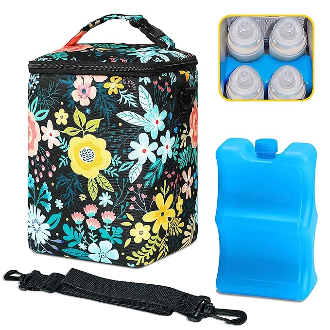 Breastmilk Cooler Bag with Ice Pack Fits 4 Baby Bottles Up To 9 Ounce Insulated Baby Bottle Bag Breast Milk Cooler on the Go with Strap Cooler Bag for Nursing Mom Daycare or Travel