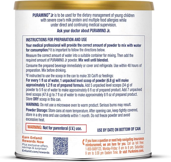 PurAmino Junior, Hypoallergenic Amino Acid based Powder for Severe Food Allergies and GI conditions, Nutritionally Complete for Ages 1 and older, 14.1oz can