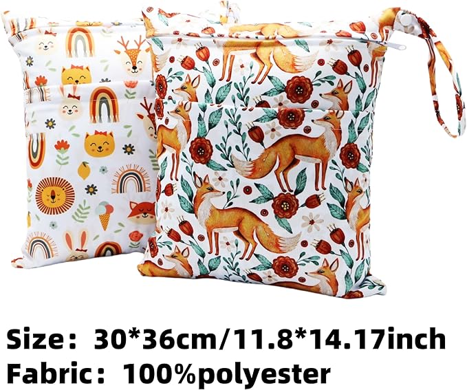 2pcs Cloth Diaper Wet Dry Bags Waterproof Reusable with Two Zippered Pockets Travel Beach Pool Daycare Soiled Baby Items Yoga Gym Bag for Swimsuits or Wet Clothes (FOX)