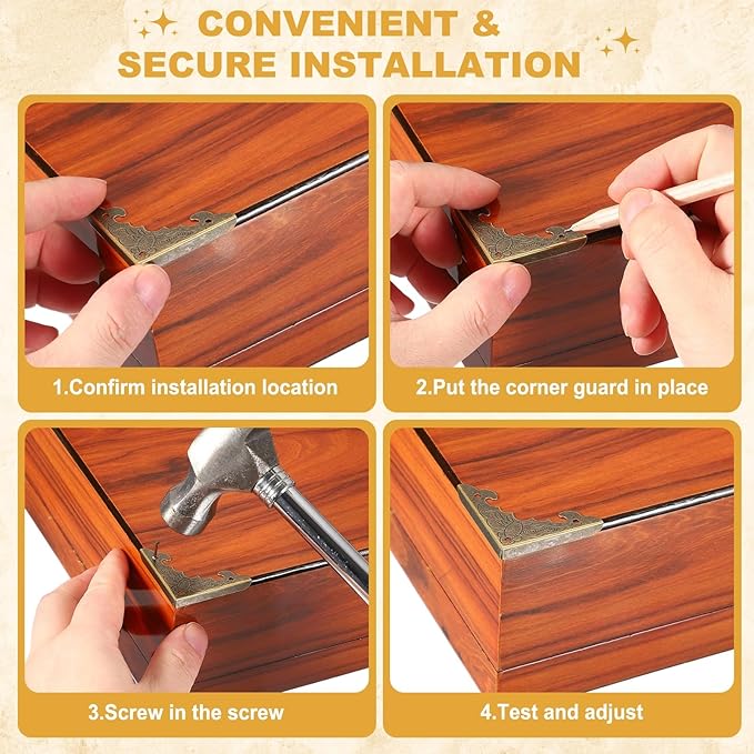 uxcell 4Pcs Decorative Metal Corner Protectors 1.6 x 1.6 x 0.15 Inch Vintage Edge Safety Guard with Mounting Nails Box Edge Guard Retro for Cabinets Furniture (Brass Yellow)