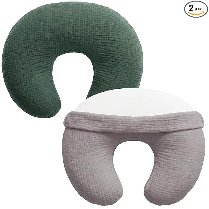 Pro Goleem Muslin Nursing Pillow Cover, 100% Cotton Soft Breathable Feeding Pillow Slipcover for Breastfeeding Moms, Fits Standard Infant Nursing Pillow, for Boys and Girls, 2 Pack (Grey＆Green)