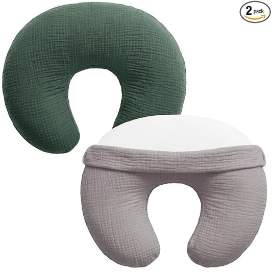 Pro Goleem Muslin Nursing Pillow Cover, 100% Cotton Soft Breathable Feeding Pillow Slipcover for Breastfeeding Moms, Fits Standard Infant Nursing Pillow, for Boys and Girls, 2 Pack (Grey＆Green)