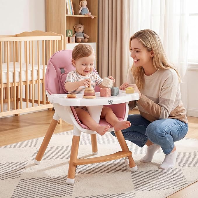 BABY JOY Baby High Chair, Wooden High Chair for Babies & Toddlers with Dishwasher Safe Double Removable Tray, Infant Feeding Chair with 5-Point Safety Harness & Detachable PU Seat Cushion (Pink)
