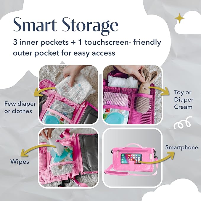 Portable Diaper Changing Mat, Fits Most Changing Tables, One-Hand Hook-and-Loop Fasteners, Front Touchscreen-Friendly Pocket, Pink