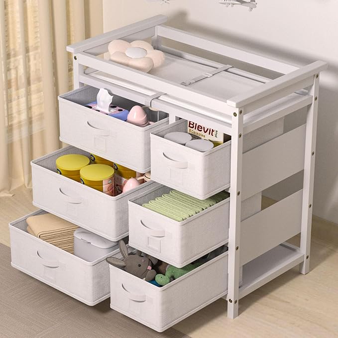YUFU Changing Table, Nursery Dresser with 6 Storage Drawers, Safety Rails & Strap, Baby Diaper Changing Station, White