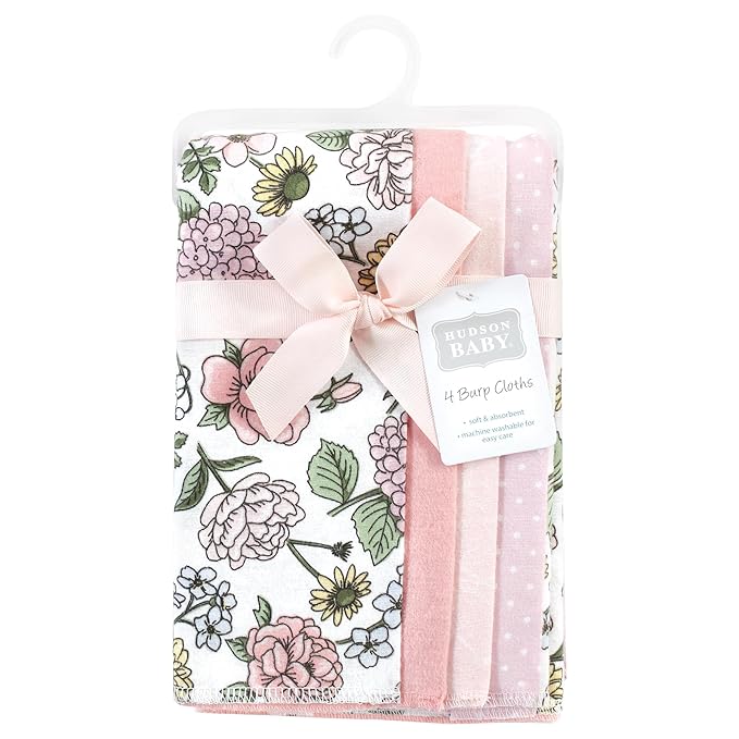 Hudson Baby Unisex Baby Cotton Flannel Burp Cloths, Vintage Blossom 4 Pack, One Size