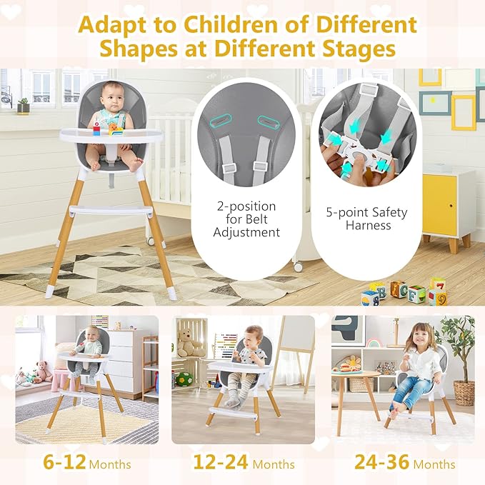 HONEY JOY High Chair, 3-in-1 Eat & Grow Highchair/Booster Seat/Toddler Chair w/Removable Tray, Safety Harness, Steel Legs, PU Cushion and Footrest for Baby, High Chair for Babies and Toddlers (Gray)