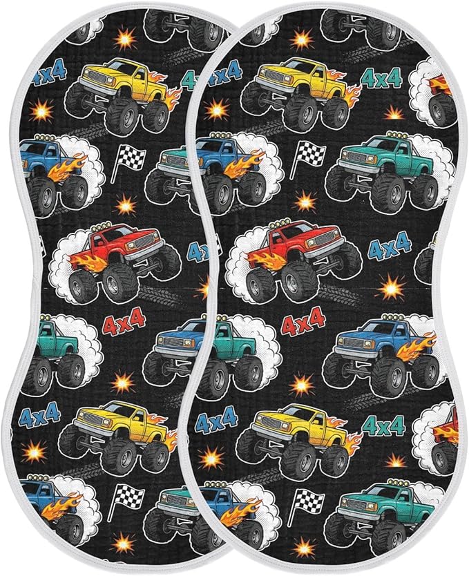 2 Pack Muslin Burp Cloths Monster Truck Black Print Cotton Baby Burp Cloths Absorbent Soft Burping Cloth Washcloths for Newborn Babies 22x11 Inch