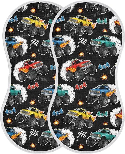 2 Pack Muslin Burp Cloths Monster Truck Black Print Cotton Baby Burp Cloths Absorbent Soft Burping Cloth Washcloths for Newborn Babies 22x11 Inch