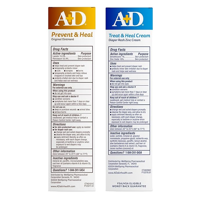 A+D Original Diaper Rash Ointment + Zinc Oxide Diaper Rash Cream 4oz Variety Pack - Prevents & Treats - Moisturizing Skin Protectant With Vitamins A & D